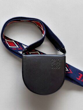 Loewe LE Paula Ibiza Medium Black Leather Anagram Heel Bag with Woven Logo Strap